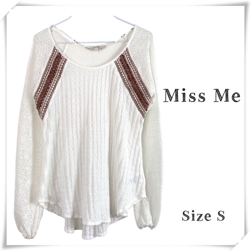 MISS Me Beaded Mix March Long Sleeve lightweight Sweater Top in White Size S